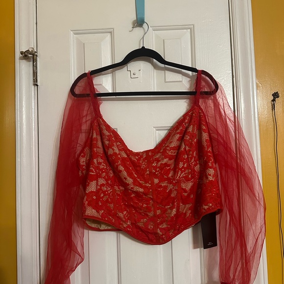 SHEIN Tops - SHEIN Red Lace Crop with Sheer Sleeves